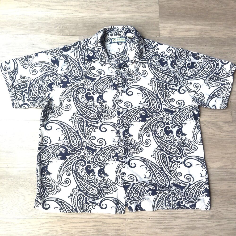 Havanera Shirt Mens XL Black White Paisley Hawaiian Cuban Button Up Short Sleeve
